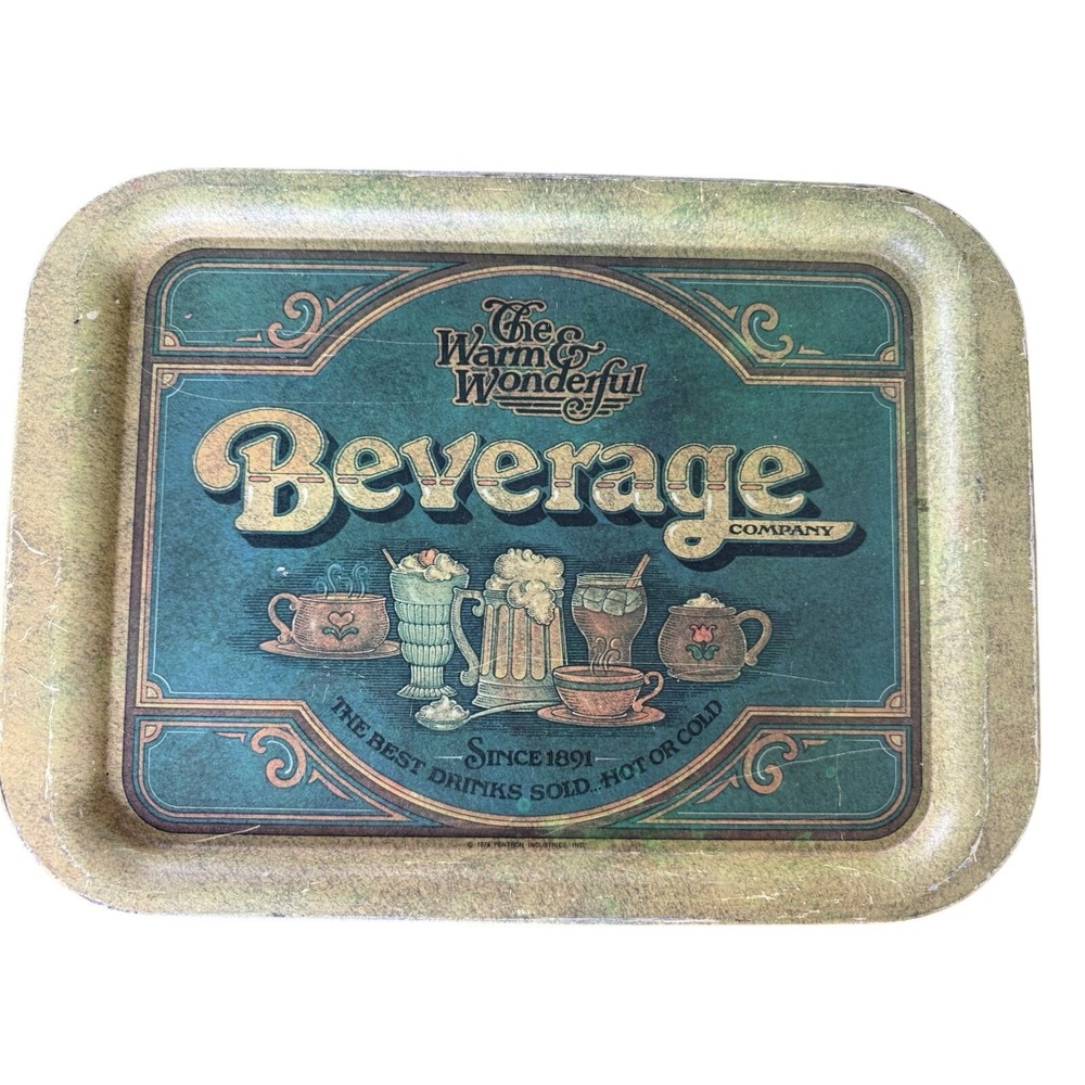 Antique The Warm & Wonderful Beverage Company Metal Tray Advertising Green